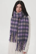 Cozy purple grey fringe plaid polyester scarf