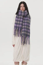 Purple Grey Fringe Plaid Polyester Scarf