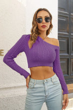 Purple Off the Shoulder Cable Knit Crop Top Long Sleeve Sweater