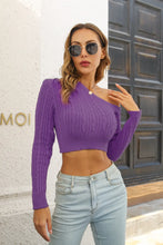 Purple Off the Shoulder Cable Knit Crop Top Long Sleeve Sweater