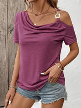Purple Off-the-Shoulder Draped Neck Top with Gold Chain Detail