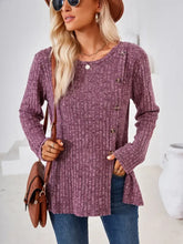 Purple Ribbed Long Sleeve Knit Top with Button Detail for Women Deep Purple Woman T Shirts