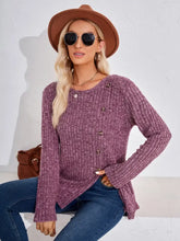 Purple Ribbed Long Sleeve Knit Top with Button Detail for Women Woman T Shirts