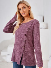 Purple Ribbed Long Sleeve Knit Top with Button Detail for Women Woman T Shirts
