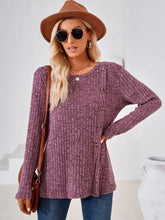 Purple Ribbed Long Sleeve Knit Top with Button Detail for Women Woman T Shirts