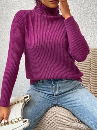 Purple Ribbed Turtleneck Sweater with Long Sleeves Polyester Red-Violet