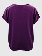 Loose-fitting round neck short sleeve purple satin top with rolled cuffs