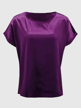 Purple satin blouse with round neck short sleeve length