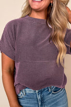 Purple Striped Short Sleeve Ribbed Knit Top for Women Mauve
