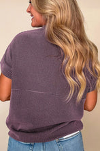 Purple Striped Short Sleeve Ribbed Knit Top for Women