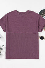 Purple Striped Short Sleeve Ribbed Knit Top for Women