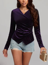 Purple Velvet Long Sleeve Wrap Top for Women Violet Woman T Shirts