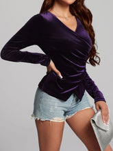 Purple Velvet Long Sleeve Wrap Top for Women
