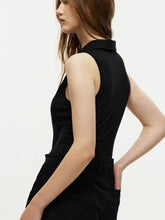 Black sleeveless tailored bodysuit with quarter zip collared neck for stylish and comfortable wear
