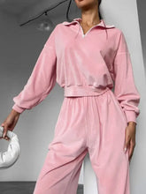Pink velour quarter zip long sleeve top and wide-leg pants set