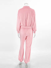 Pink velour quarter zip long sleeve tracksuit set with collared top and elastic-waist pants