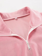 Pink velvety zip-up jacket with white trim in Quarter Zip set