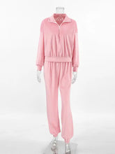 Pink velour quarter zip tracksuit set with elastic cuffs