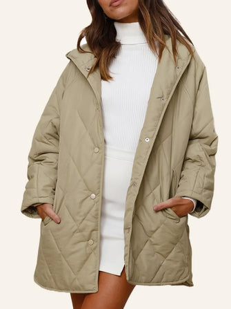 Light Green Quilted Hooded Button Up Coat for Women Sage