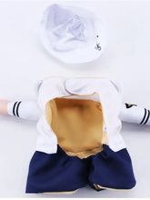 Quirky pet jumpsuit: white sailor dog costume with navy shorts, striped sleeves