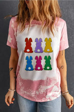 Womens pink white tie-dye rabbit round neck short sleeve t-shirt with bunnies