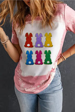 Womens pink and white rabbit round neck short sleeve t-shirt with colorful bunny print