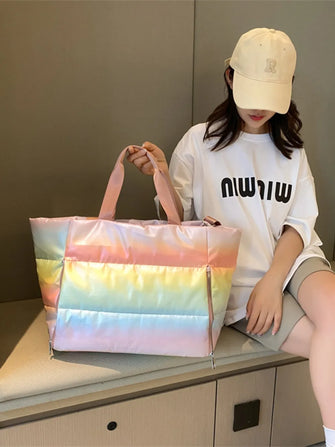 Rainbow Puffer Tote Bag with Pink Straps Light Green One Size