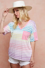 Rainbow Stripe Printed Triblend Knit V-Neck Top for Women Woman T Shirts