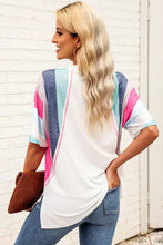 Womens loose rainbow stripe slit V-neck tee with short sleeve length