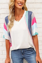 Rainbow Stripe Slit V-Neck Tee with short sleeve length