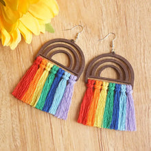 Vibrant wooden rainbow tassel drop earrings with multicolored threads