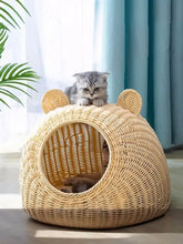 Rattan washable breathable pet nest with beige wicker bear ears