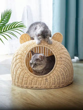 Rattan washable breathable pet nest with beige woven wicker cat house