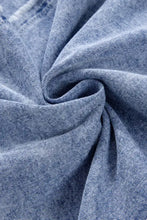 Blue denim raw hem long sleeve denim dress fabric with subtle twill weave and fine white pinstripes