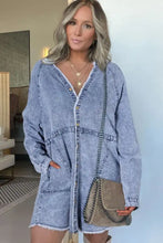 Light-wash long sleeve denim dress with raw hem button front frayed cuffs and hem for casual wear