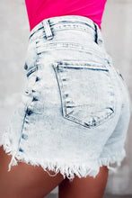 Light wash distressed raw hem buttoned denim shorts with pockets