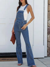 Women’s raw hem denim overalls with bib pocket and flared legs
