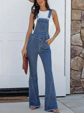 Raw hem denim overalls with flared legs and chest pocket
