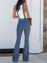 Raw hem denim overalls with white tank top for women