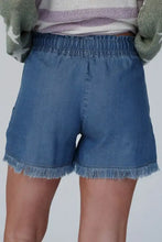 Raw hem drawstring high waist denim shorts with frayed hem and pockets