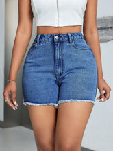 Light blue raw hem high waist denim shorts with frayed hem