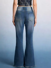 Blue denim raw hem high-waisted flare jeans with faded wash and frayed hems featuring stylish flare jeans design