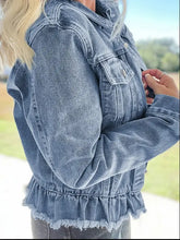 Light blue raw hem long sleeve denim jacket with ruffles and frayed edges