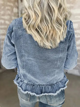 Light blue raw hem long sleeve denim jacket with ruffles and frayed edges