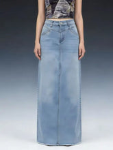 Light-wash denim skirt with raw hem high waist and straight cut maxi denim skirt for casual wear