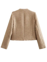 Raw Hem Pocketed Round Neck Jacket Woman Outerwear