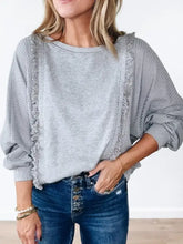 Light gray raw hem round neck long sleeve sweatshirt with ruffles