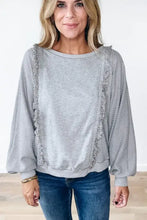 Women’s light grey raw hem round neck long sleeve sweatshirt with ruffles