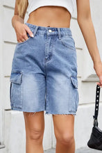 Raw Hem Washed Denim Shorts with Cargo Pockets Denim Shorts
