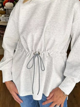 Rawstring waist tunic solid sweatshirt in heather gray with slightly stretchy fabric and machine wash care instructions